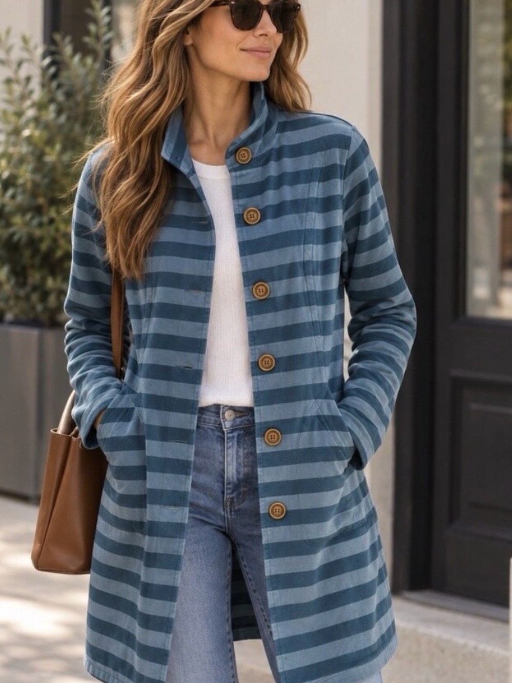 Matilda Jane Fall Breeze Blue Striped Peacoat Jacket Gold Button Adult Size XS
